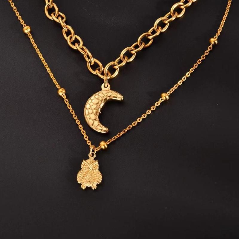 Popular Stainless Steel Gold Plated Layering Necklace Fashion Jewelry with Moon and Eagle Pendant