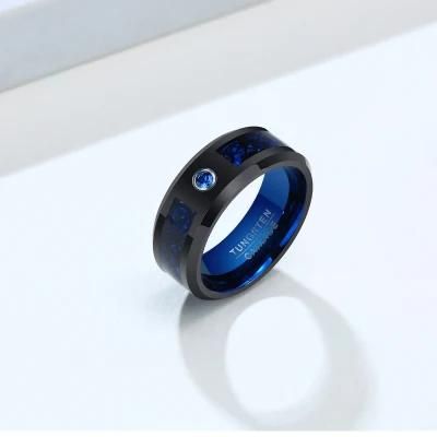 Blue and Black Tungsten Steel 8mm Men&prime; S Ring Single Inlaid Zircon Ring
