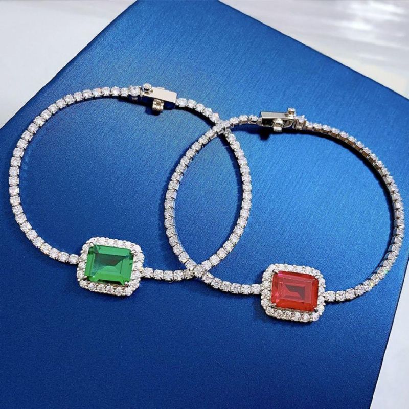 Fashion Jewelry 925 Sterling Silver Ice out Diamond Tennis Chain Big Ruby Emerald Charm Wedding Bracelet for Women Girls