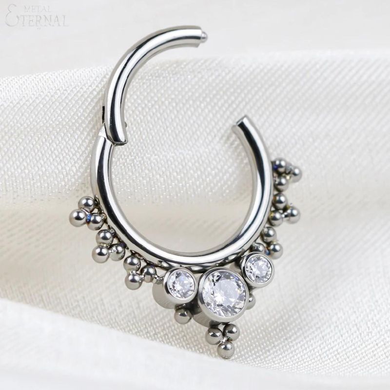 Eternal Metal ASTM F136 Titanium Bezel Set CZ with Beads Clusters Hinged Clicker Nose Rings Piercing Jewelry