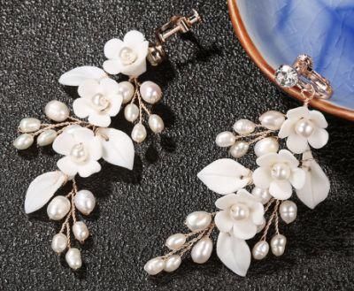 Wedding Pearl Ceramic Flower Earring Jewelry, Bridal Pearl Crystal Earring