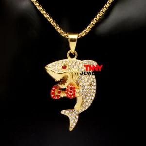 24&quot; Hip Hop Jewelry Gold Bling Shark Charm Pendant Necklace Full Crystal Animal Charm Necklace for Gift