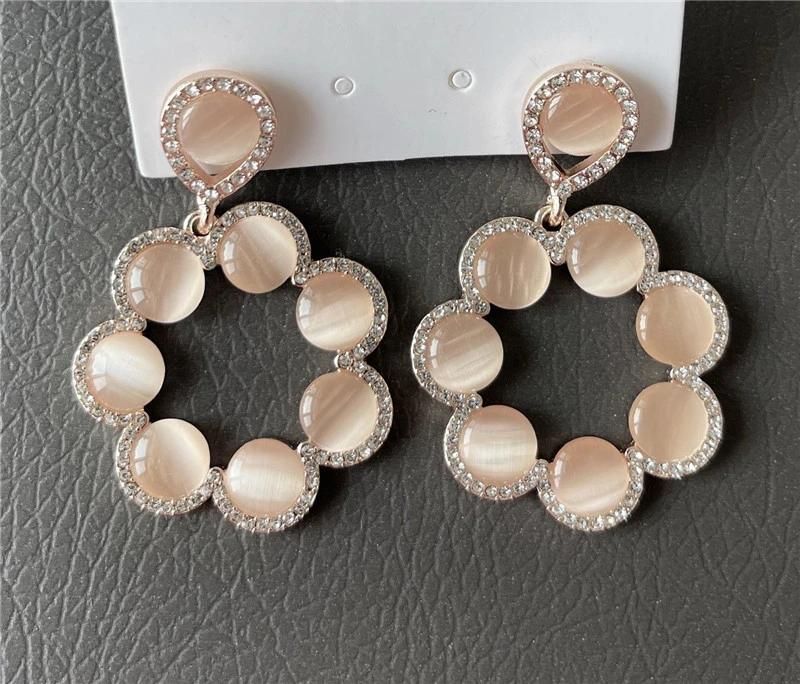 Manufacture Custom New Design Rose Gold Plated Elegant Teardrop Stud Flower Shape Pendant Statement Cateye Drop Women Earrings
