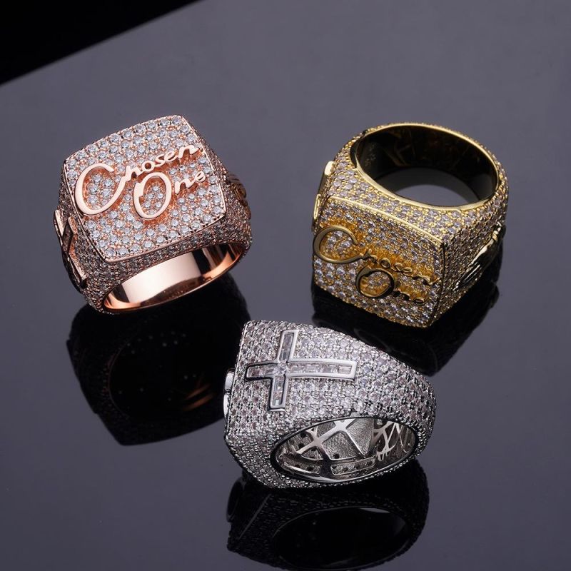 Hip Hop 3D Effect 14K Gold Plated Iced out Bling Diamonds Big Size Football Championship Ring Men