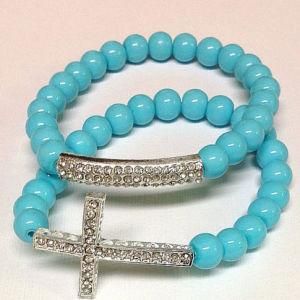 Charm Bracelet, Fashion Bracelet Set, Crystal Sideway Cross Charm Bracelet, Tube Bracele, Turquoise Stone Bead Bracelet