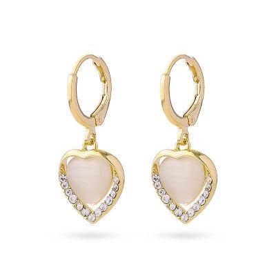 2022 New Trendy 18K Gold Plated Pave Crstal Heart Drop Huggie Earrings Pink Glass Cat Eye Women Accessories