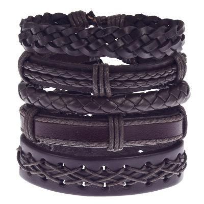 Adjustable Leather Braided Bracelets for Men Women Wrap Wood Beads Bracelet Woven Ethnic Tribal Rope Wristbands Bracelets 5 Pieces Set