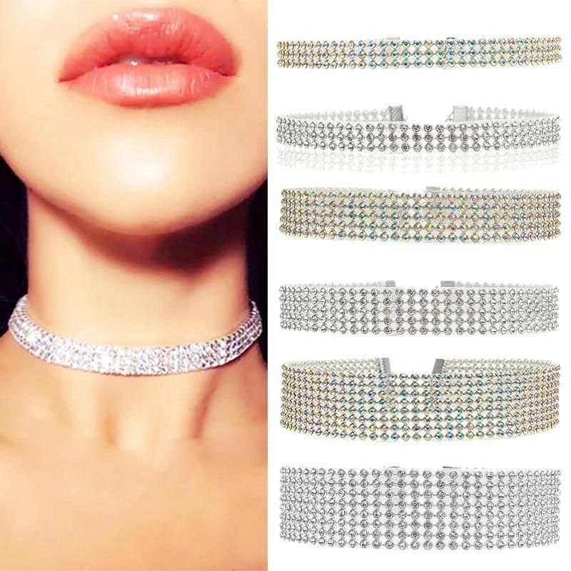 Women Wedding Accessories Fashion Jewelry Silver Rhinestone Choker Punk Necklace