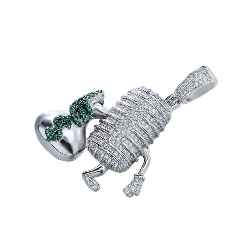 Hip Hop Color Stone Microphone White Gold Iced out Pendant
