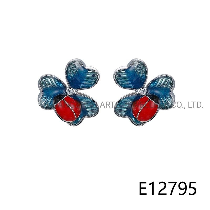 Cute Enamel Chrysanthemum Flower for Happiness 925 Silver Stud Earring