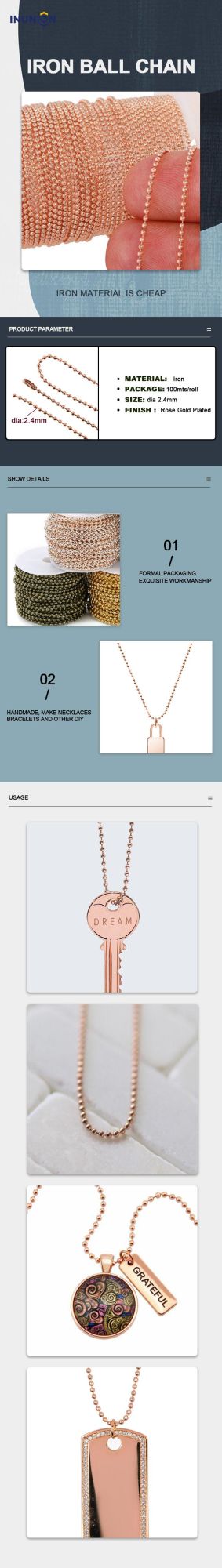 Fashion 2.4mm Iron Steel Women Rose Gold Ball Necklace Chain