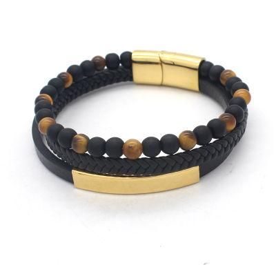 Tiger Eye Natural Stone Bead Braided Leather Bracelet Men Stainless Steel Jewelry