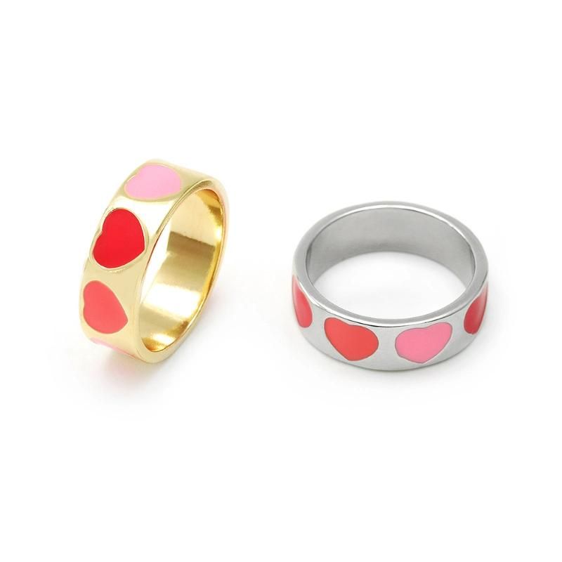 Fashion Jewelry 18K Gold Plted Heart Pink Enamel Ring for Women