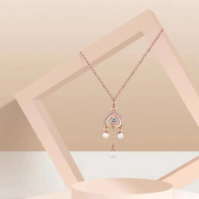 Grace Natural Freshwater Pearl Drop Pendant Heart Rose Gold Plated 925 Sterling Silver Women Necklace