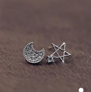 Christmas Gift Asymmetric Design Zircon Studded Star &amp; Moon Stud 925 Silver Earrings