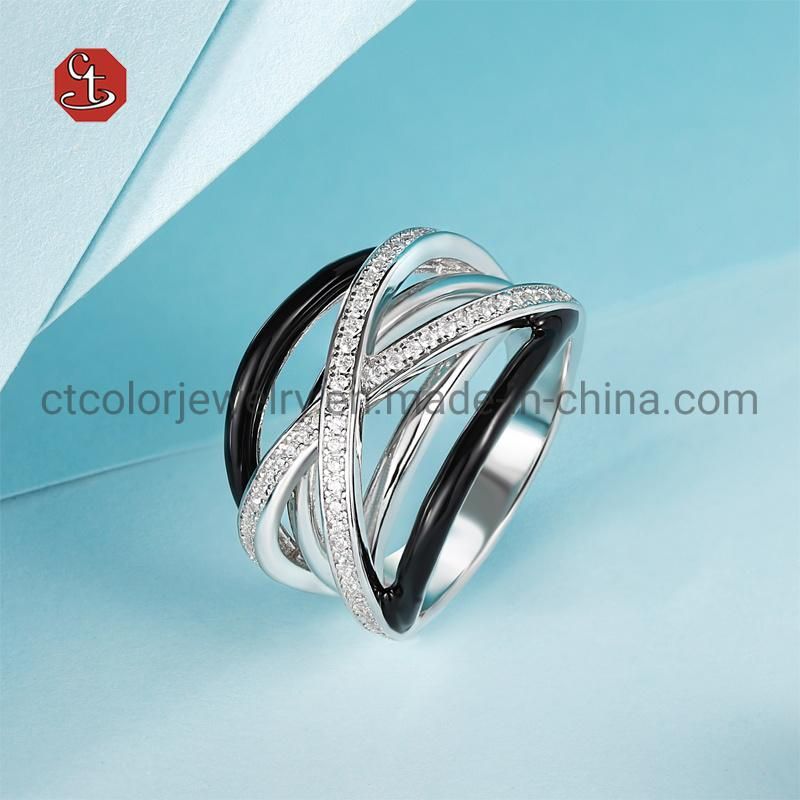 Fashion Jewelry Two X Shape Cross Silver Jewelry Cubic Zirconia Stone Enamel Ring