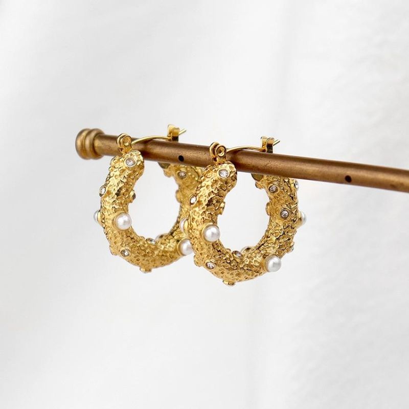 Exaggerated Circular Pearl Zircon Earrings 18K Gold Plated Jewelry Hoop Earrings