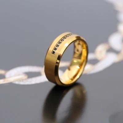 Gold Plated Tungsten Carbide Ring with Black CZ High Polished
