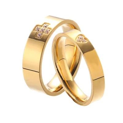 Simple Titanium Steel Glossy 18K Gold Plated Cross Love Heart Diamond Men and Women Couple Rings