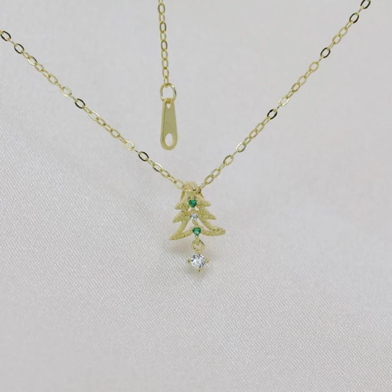 925 Sterling Silver 14K Gold Plated Christmas Tree Pendant Necklace Women Color Crystals Christmas Jewelry