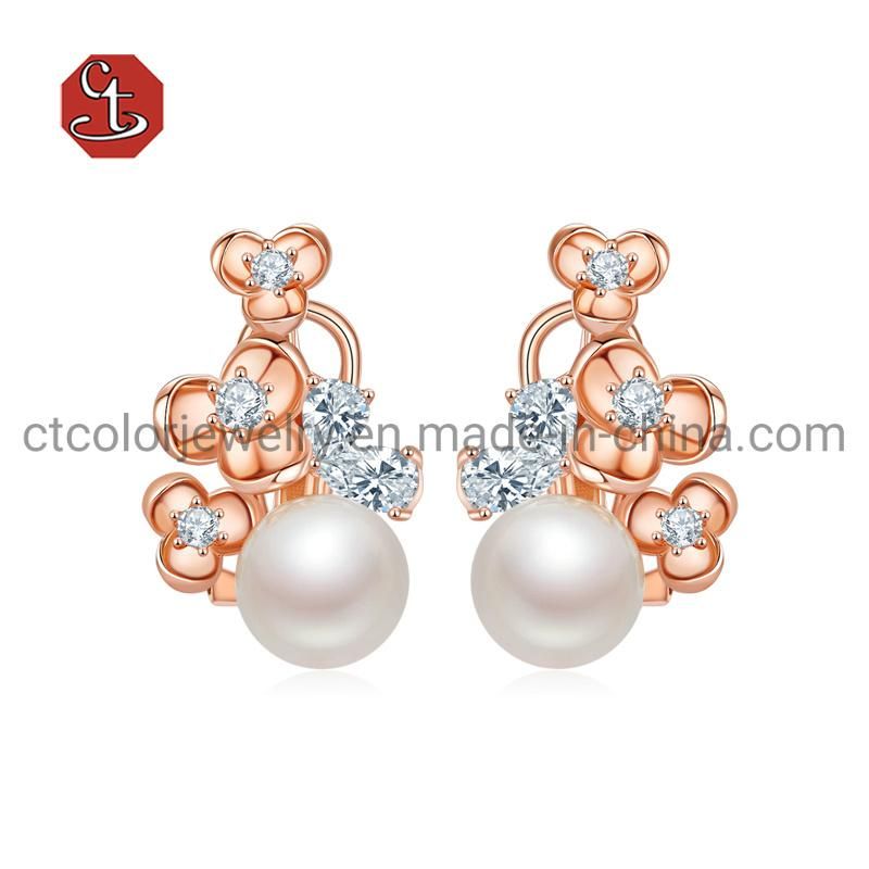 New Fashion 925 Silver Rose plated Rings Pendants and Earring Jewelry Set with pearl