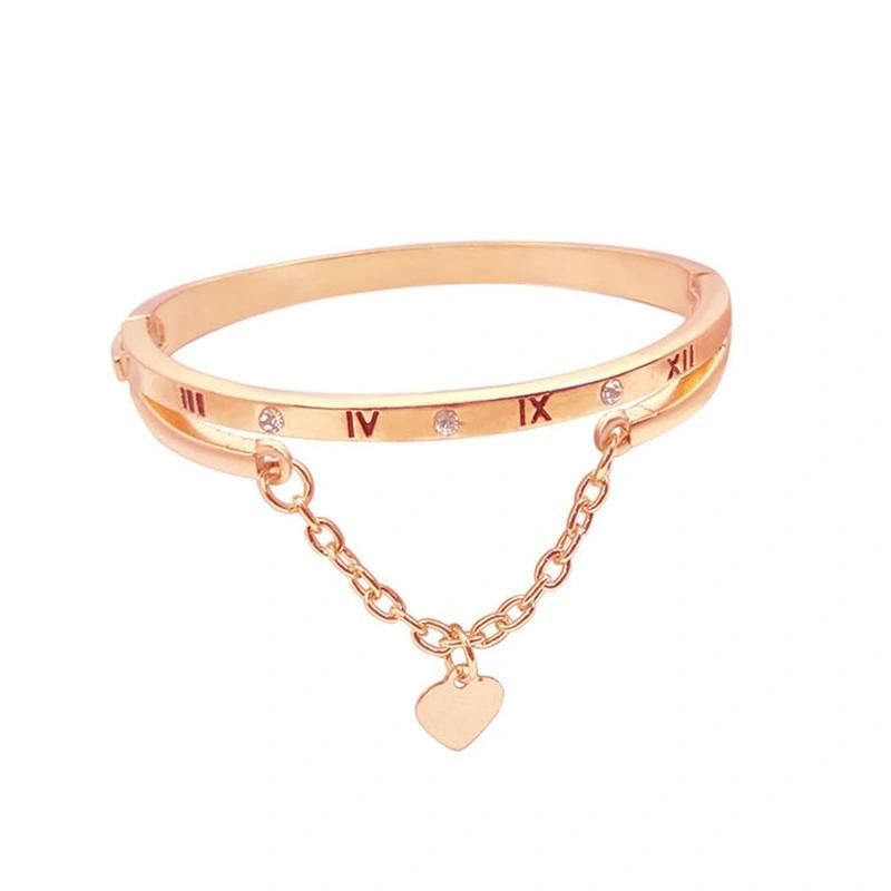 Trendy Jewelry Gift Love Roman Rose Gold Plated Simple Diamond Tassel Peach Heart Number Bracelet