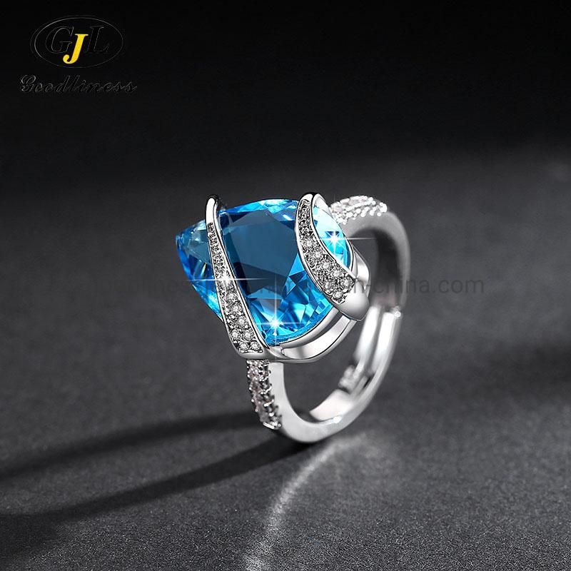 Fashion Sea Blue Zircon Adjustable Ring Luxury Angel Tears Ring