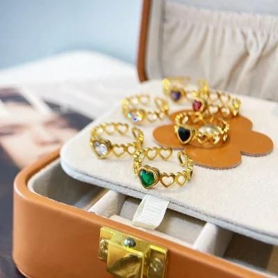 18K Gold Plated Stainless Steel Hollow Heart Colorful CZ Zircon Open Adjustable Finger Ring Waterproof Non Tarnish Jewelry Women