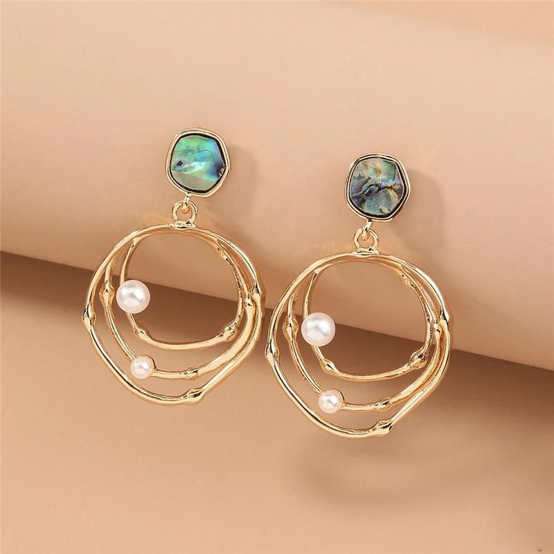 Wholesale 2022 New Design 18K Gold Plated 3 Rows Cut out Round Circle with Pearl Abalone Stud Fashion Earrings for Girls Lady Women