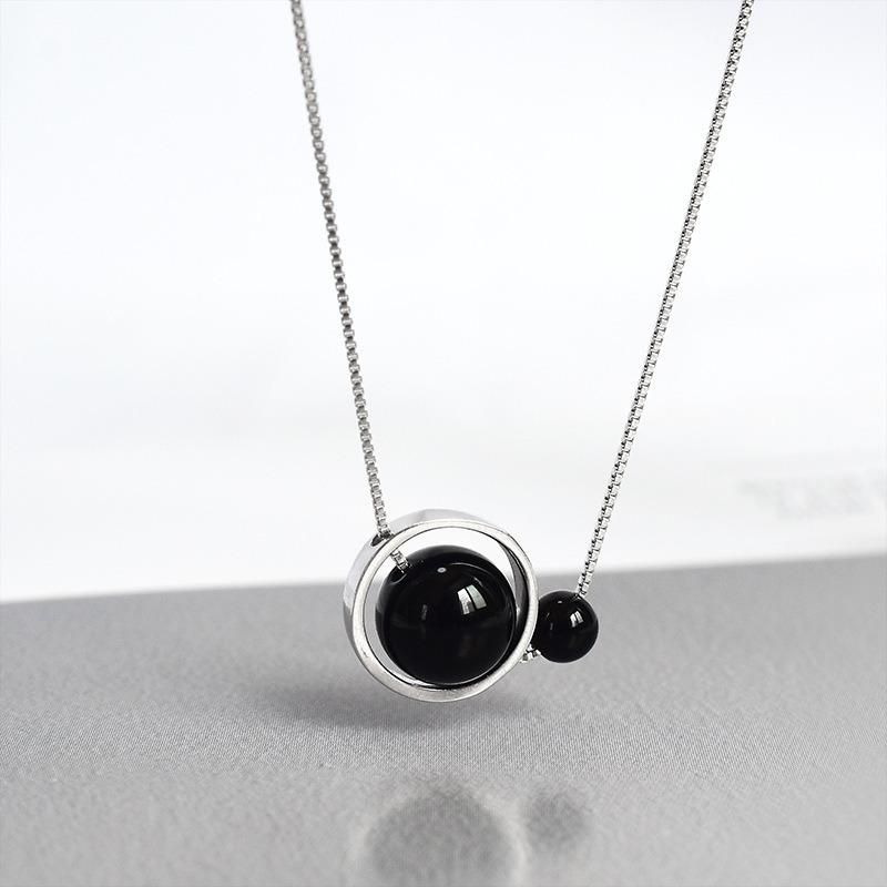 925 Silver Geometric Ring Black Agate Necklace Fashion Chain Jewelry