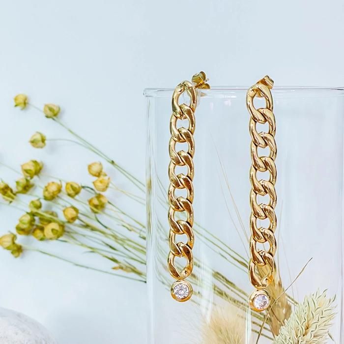 Fashion Earrings Bulkbuy Stainless Steel Gold Plated Figaro Chain Earring with Stone for Lady Elegant Jewelry Gift