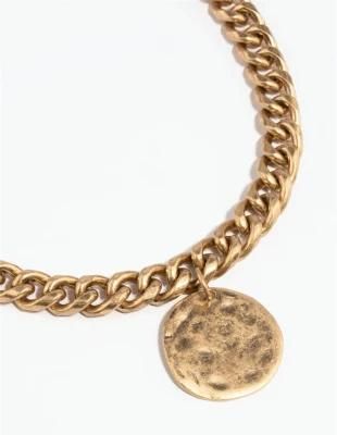 Worn Gold Round Hammered Disc Pendant Necklace with Chunky Chain Necklacefor Women Jewelry
