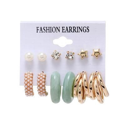New Earrings 6 Pairs Assorted Pearl Crystal Glass Star Stud with Green Marbling Perspex Hoop Pave Pearl Hoop 3 Rows Tube Hoop Earrings