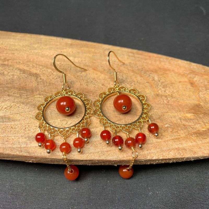 Wholesale Jewelry Red Agate 14K Gold Sun Shape Pendant Hook Earrings