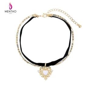Retro Exquisite Palace Shell Heart-Shaped Pendant Corduroy Two-Layer Choker Necklace