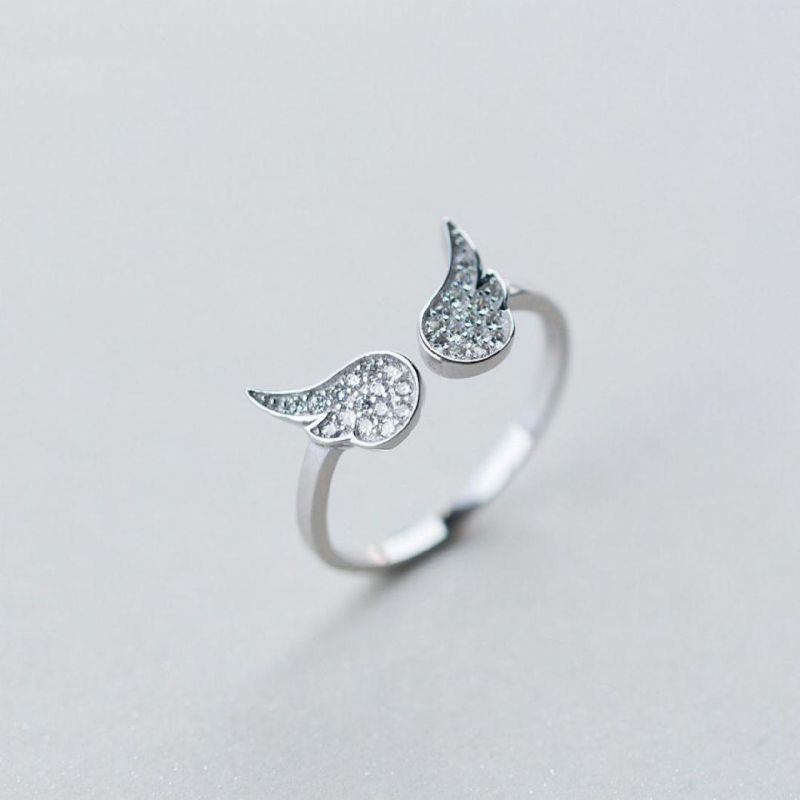 925 Sterling Silver Ring Zircon Angel Wings Adjustable Ring Women Engagement Wedding Fashion Jewelry