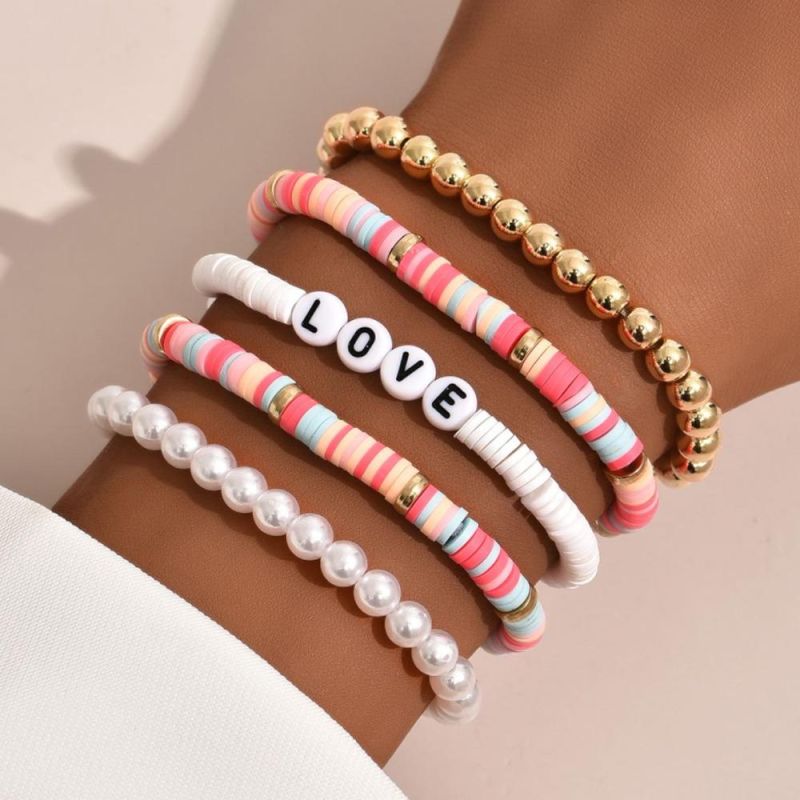 National Style Vintage Colorful Temperament Pearl Love Letter Bracelet Set