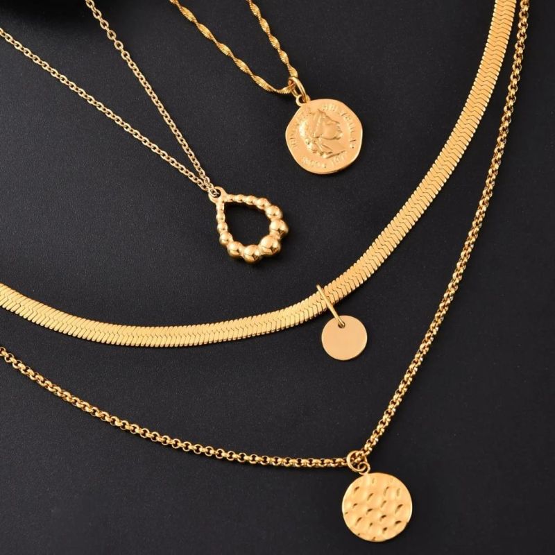 Multilayer Stainless Steel Gold Plated Necklace 4 Tier Pendants Short and Long Chain Necklace Women Accessories