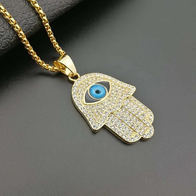Titanium Steel Gilted Blue Eye Fatima Hand Pendant Necklace