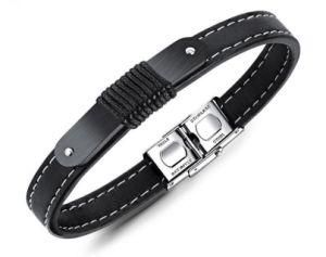 New European Male Man Jewelry Black PU Leather Cord Bangles Bracelets Jewelry Fashion Stainless Steel Wristband Bracelets