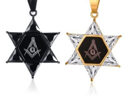 High Quality 34.7 mm Stainless Steel Zircon Black/Gold Freemason Hexagram Pendant