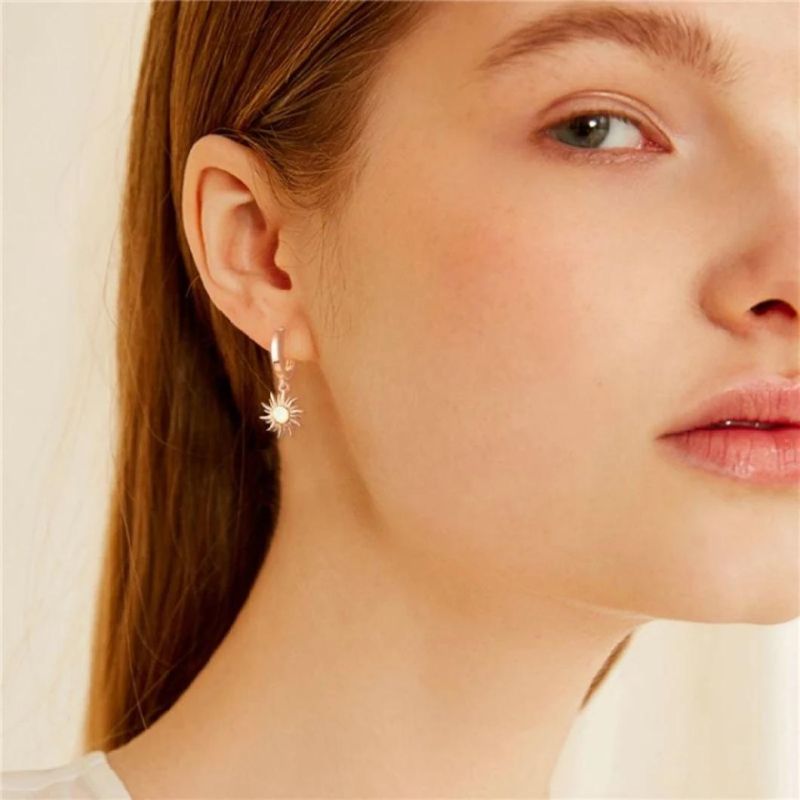 Rose Gold Plated Hypoallergenic Minimalist Ear Jewelry Small Huggie Hoop Opal Sun Dangling Earrings