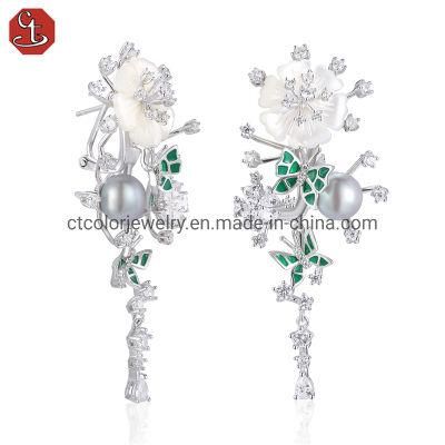 New Style 925 Silver Jewelry Green Winged MOP Flower Earrings