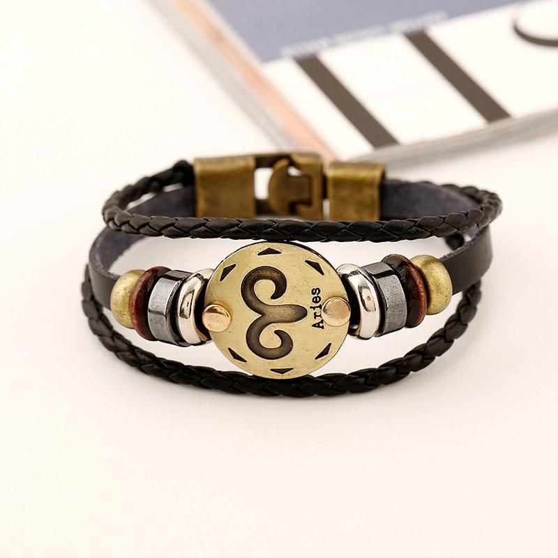 Fashionable Bronze Alloy Buckles Zodiac Signs Bracelet Punk Leather Bracelet