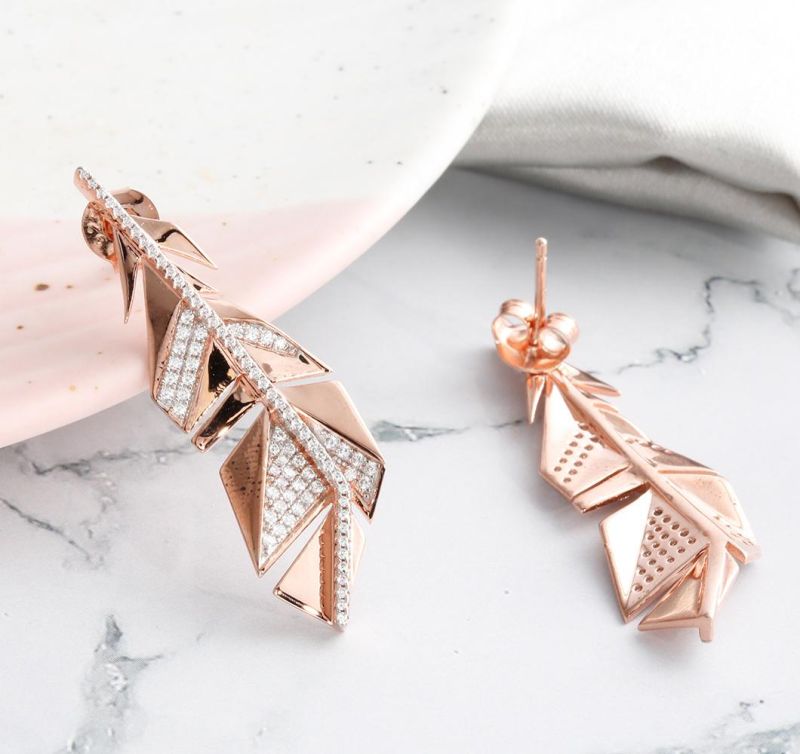 High Quality Rose Gold Plated 925 Sterling Silver Feather Design Cubic Zircon Fashion Accessories Factory Wholesale Fine Earrings