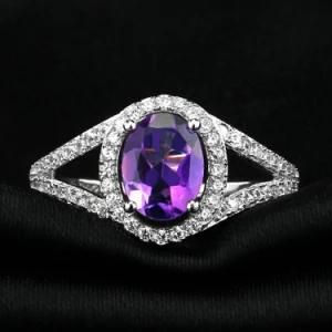 Sterling Silver Wedding Ring Oval Amethyst CZ Stone Anniversary Ring