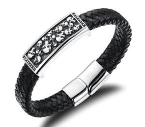 Fashion Jewelry Men Stainless Steel Silver Skull Charm Magnetic Buckle Bracelets Black Braided Genuine Leather Bracelets