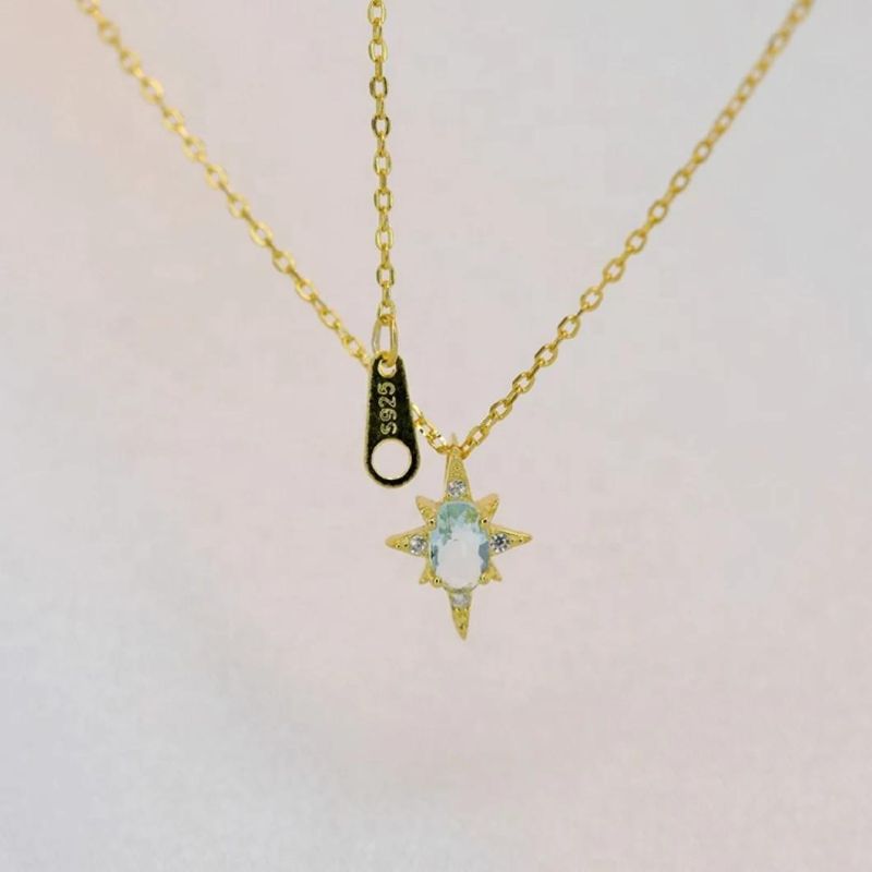 925 Sterling Silver Pendant Star with Blue Oval Zircon Gold Plated Necklace for Women Fashion Jewelry