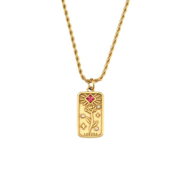 Factory Customized Fashion Rose Moon Carved Gold-Plated Stainless Steel Rectangular Pendant Simple Necklace Jewelry