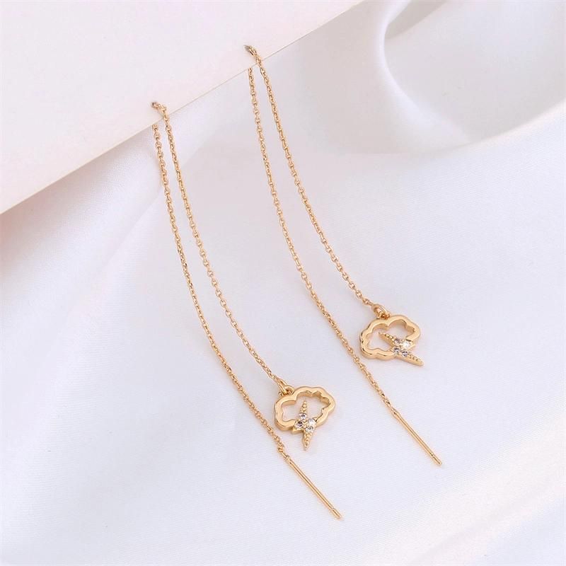 2022 Manufacture New Design Fashion 18K Gold Jewelry Brass CZ Cloud Lightning Unicorn Shape Pendant Drop Long Thread Line Threader Earrings for Female Anniversa